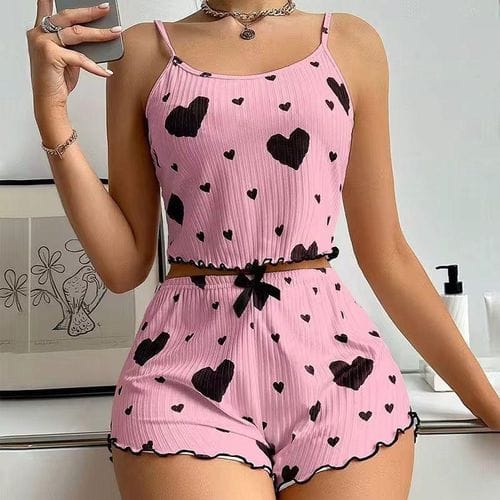 Pink & Black Heart Print Ribbed Cami Pajama Set